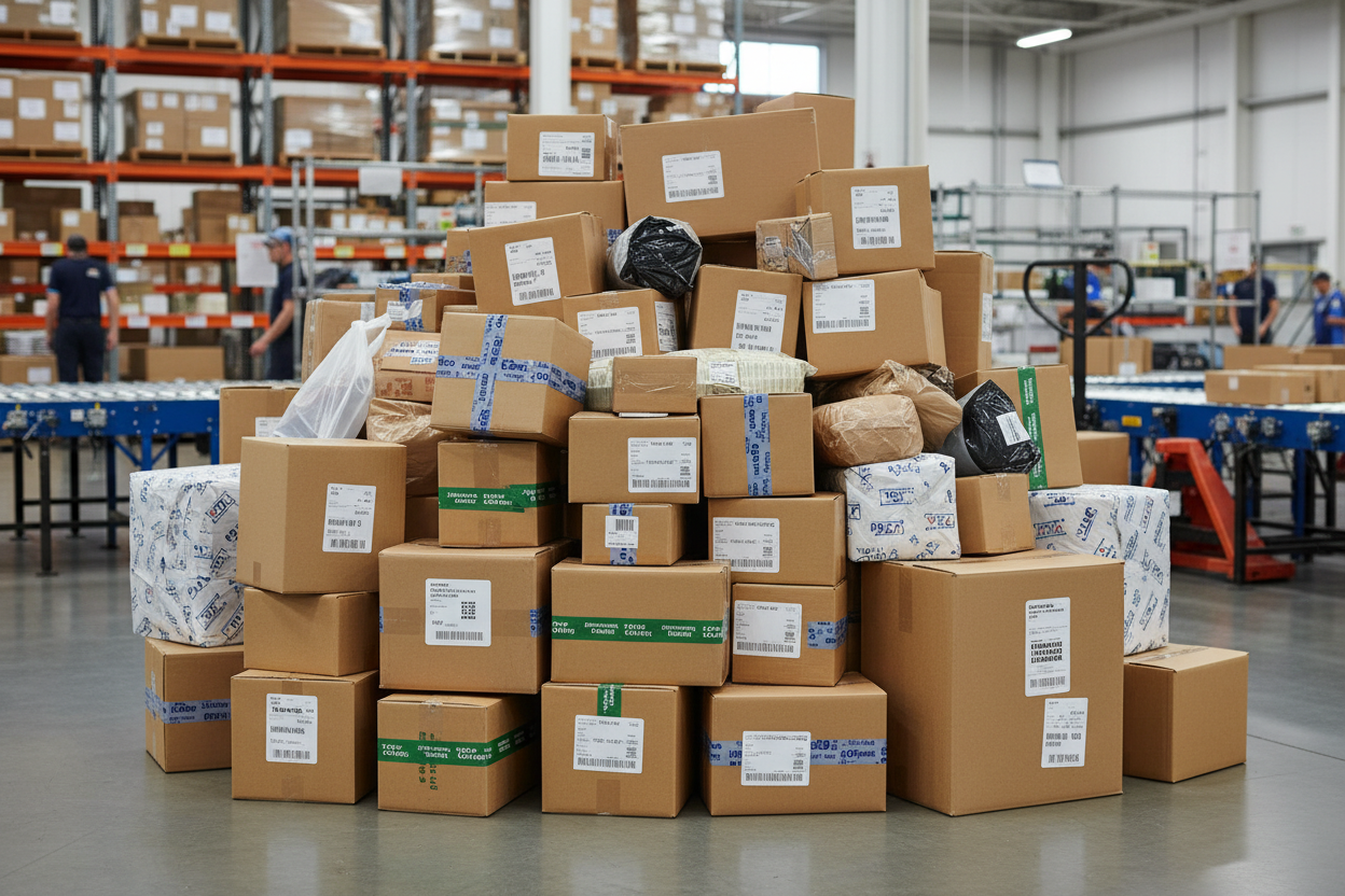 a big pile of eccommerce parcels ready for dispatch