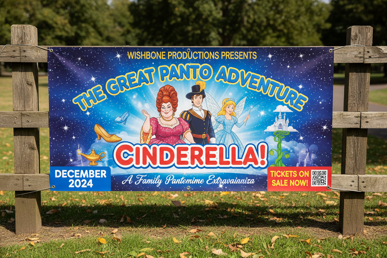 a company banner advertising a panto on a fence