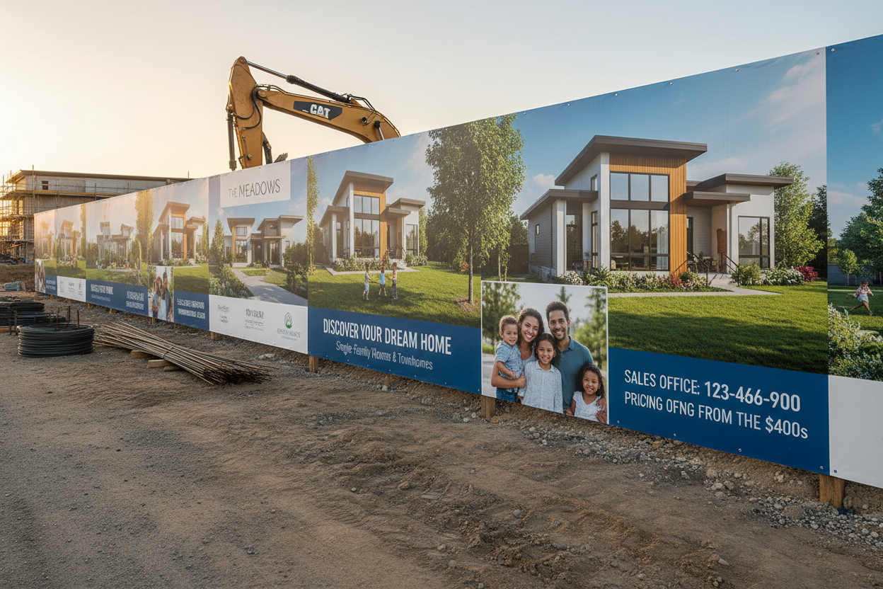 a construction site hoarding panels advertising a new housing site for sale