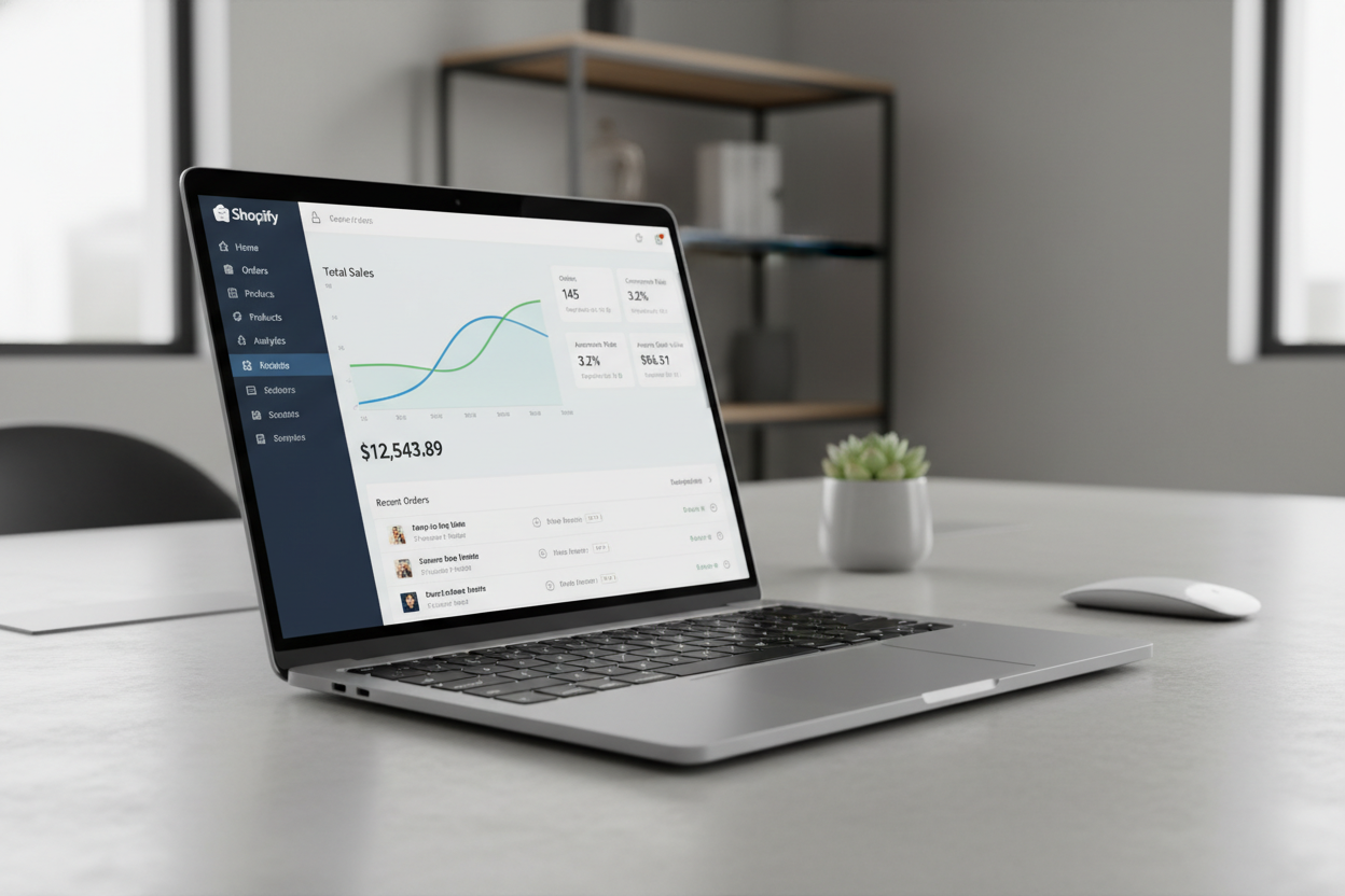 a laptop showing a shopify dashboard