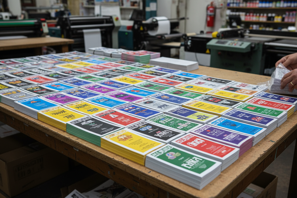 a pile of leaflets that ready to be packed at a print shop