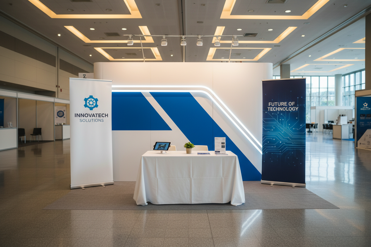 Image showing a professionally designed exhibition stand with branded graphics and lighting, representing full event and exhibition management services including design, build, and on-site support.