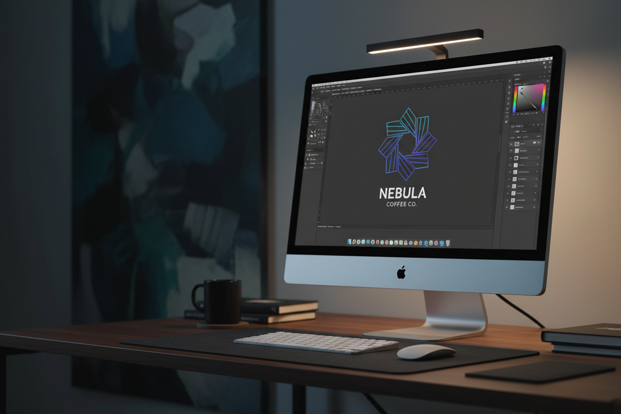 image of an apple computer with a design in illustrator on the screen on a dark background with the computer image on the right hand side