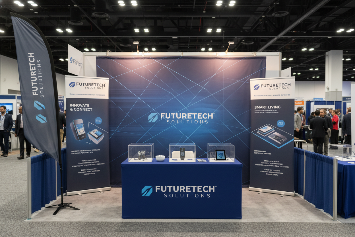 trade show with a fabric backdrop with a table in front with a table cloth and a few banner stands and a feather flag