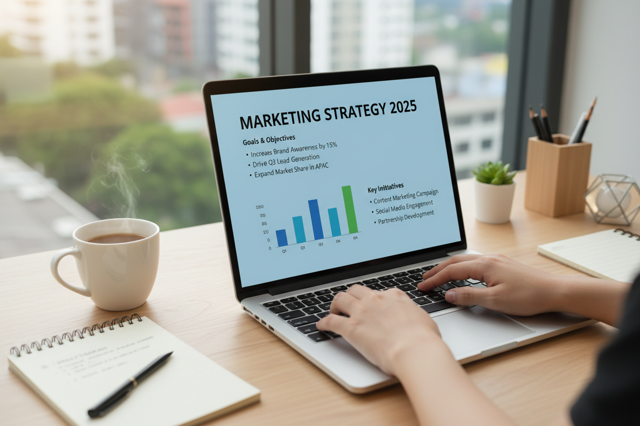 writing a marketing strategy on a computer